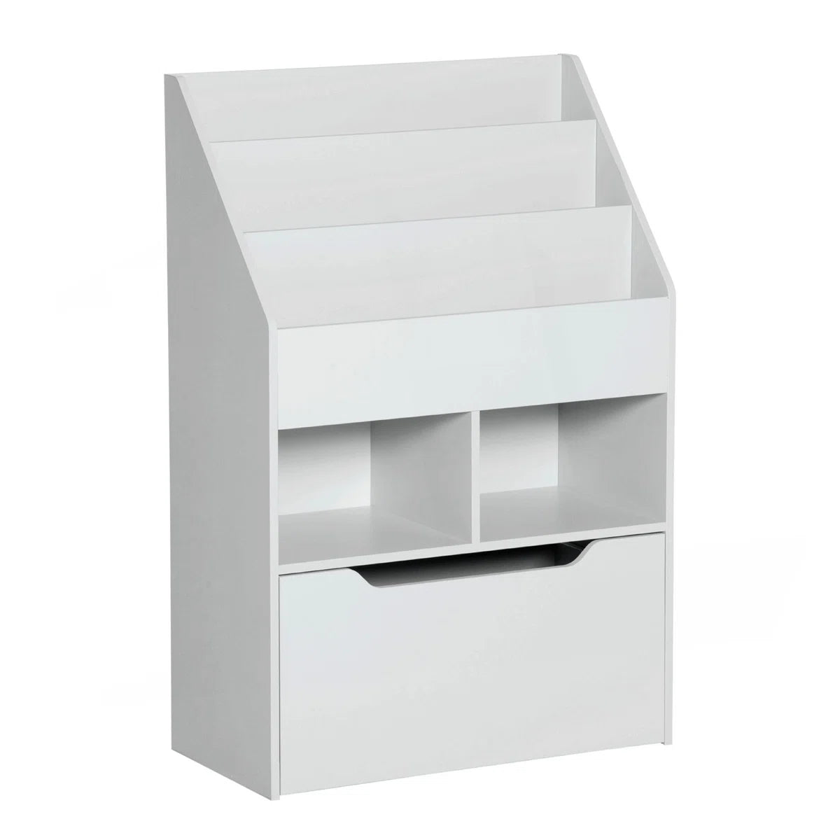 Modern White Kids Bookcase with Tiered Book Display and Storage Compartments - Wooden Children’s Bookshelf Organizer for Bedroom, Nursery and Playroom