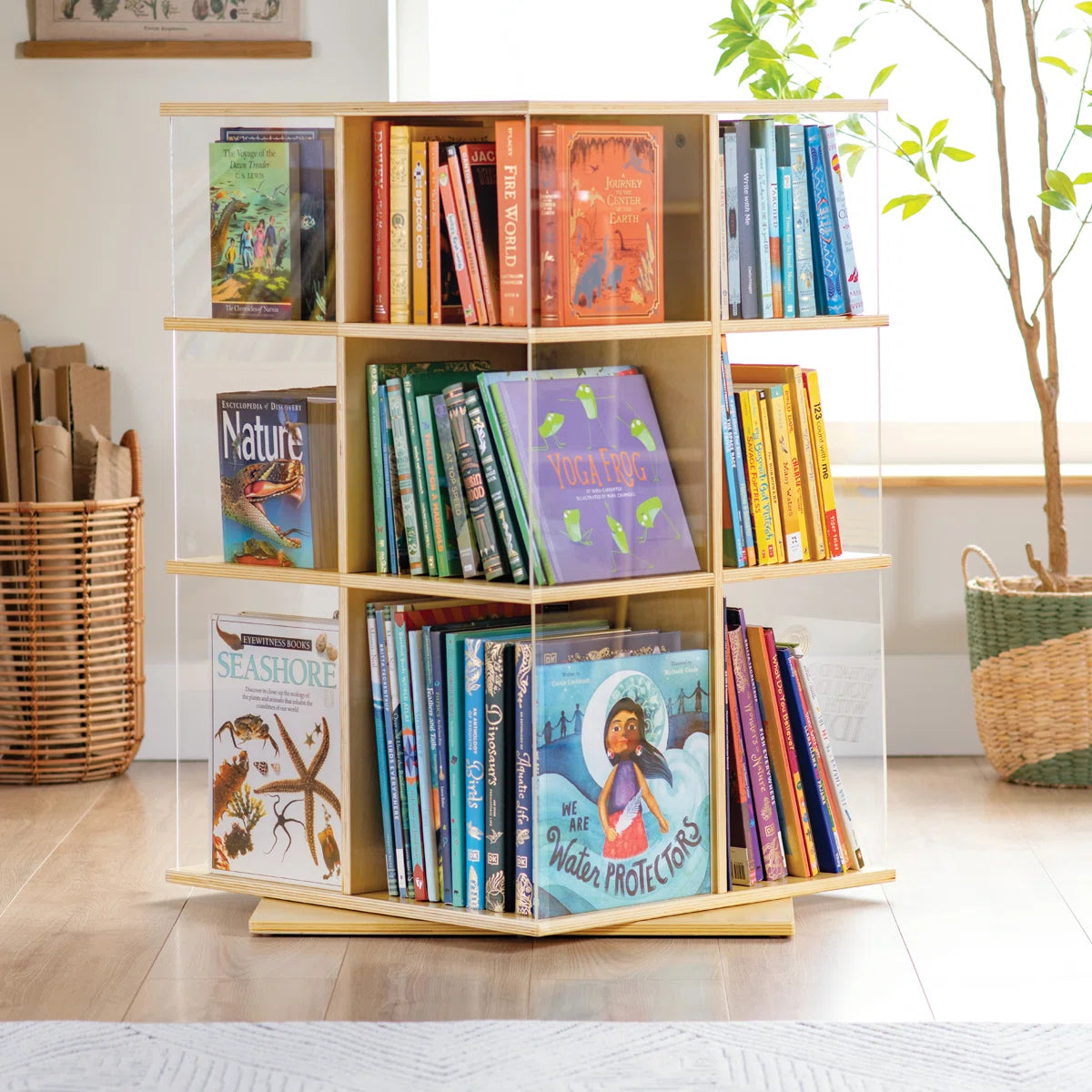 Kids Rotating Wooden Bookcase with Open Cube Shelves – 360° Revolving Storage Organizer for Children’s Books, Natural Finish Space Saving Bookshelf for Bedroom and Playroom