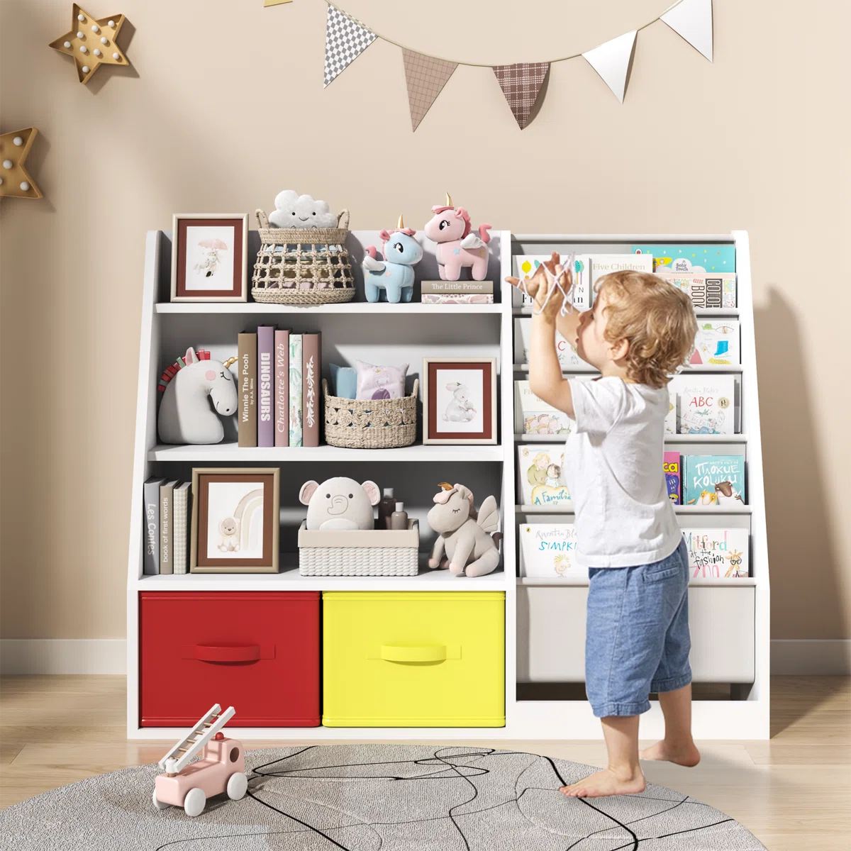 Modern Kids Bookcase with Open Shelves, Front Book Display Rack and Colorful Storage Drawers – Wooden Children’s Bookshelf Organizer for Bedroom and Playroom