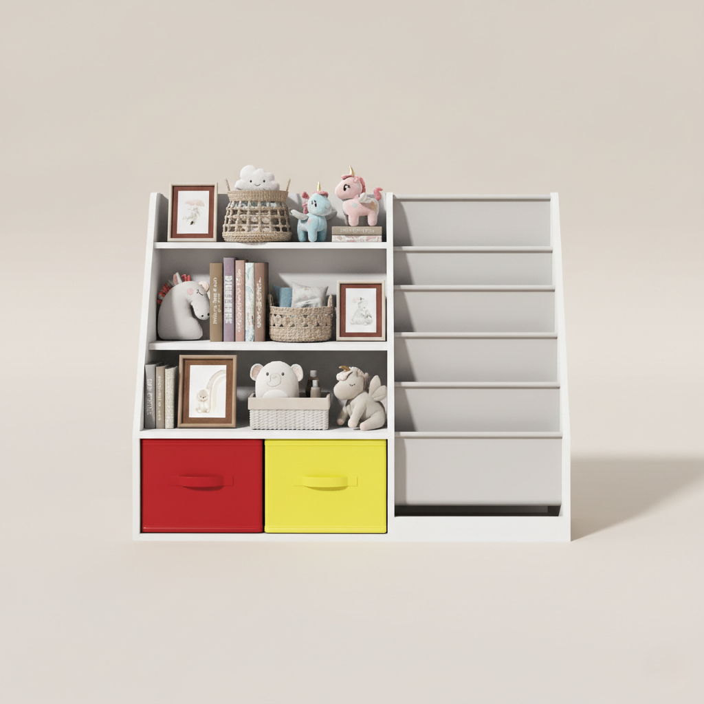 Modern Kids Bookcase with Open Shelves, Front Book Display Rack and Colorful Storage Drawers – Wooden Children’s Bookshelf Organizer for Bedroom and Playroom
