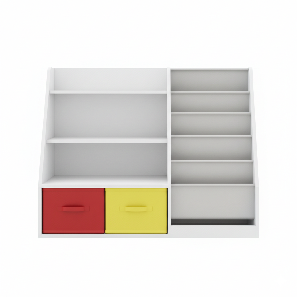 Modern Kids Bookcase with Open Shelves, Front Book Display Rack and Colorful Storage Drawers – Wooden Children’s Bookshelf Organizer for Bedroom and Playroom