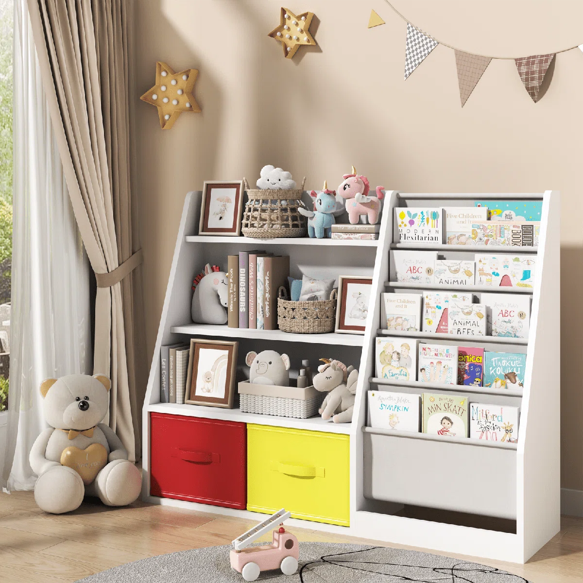 Modern Kids Bookcase with Open Shelves, Front Book Display Rack and Colorful Storage Drawers – Wooden Children’s Bookshelf Organizer for Bedroom and Playroom