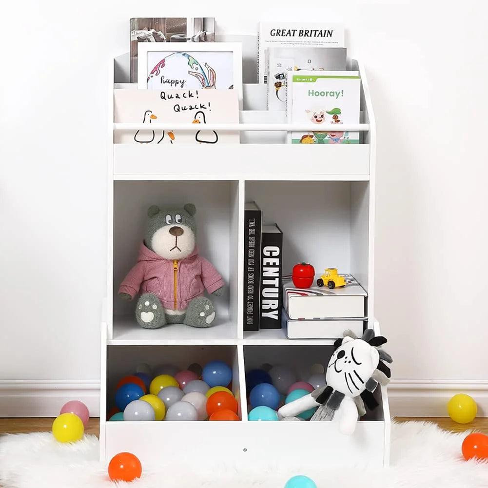 Modern White Kids Bookcase with Front Book Display, Open Storage Cubes and Deep Toy Organizer Bins – Wooden Children’s Bookshelf for Bedroom and Playroom