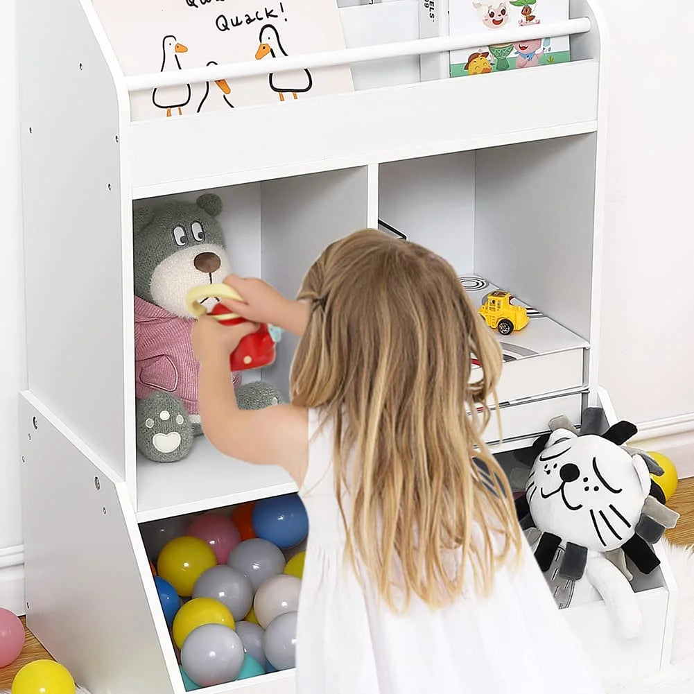 Modern White Kids Bookcase with Front Book Display, Open Storage Cubes and Deep Toy Organizer Bins – Wooden Children’s Bookshelf for Bedroom and Playroom