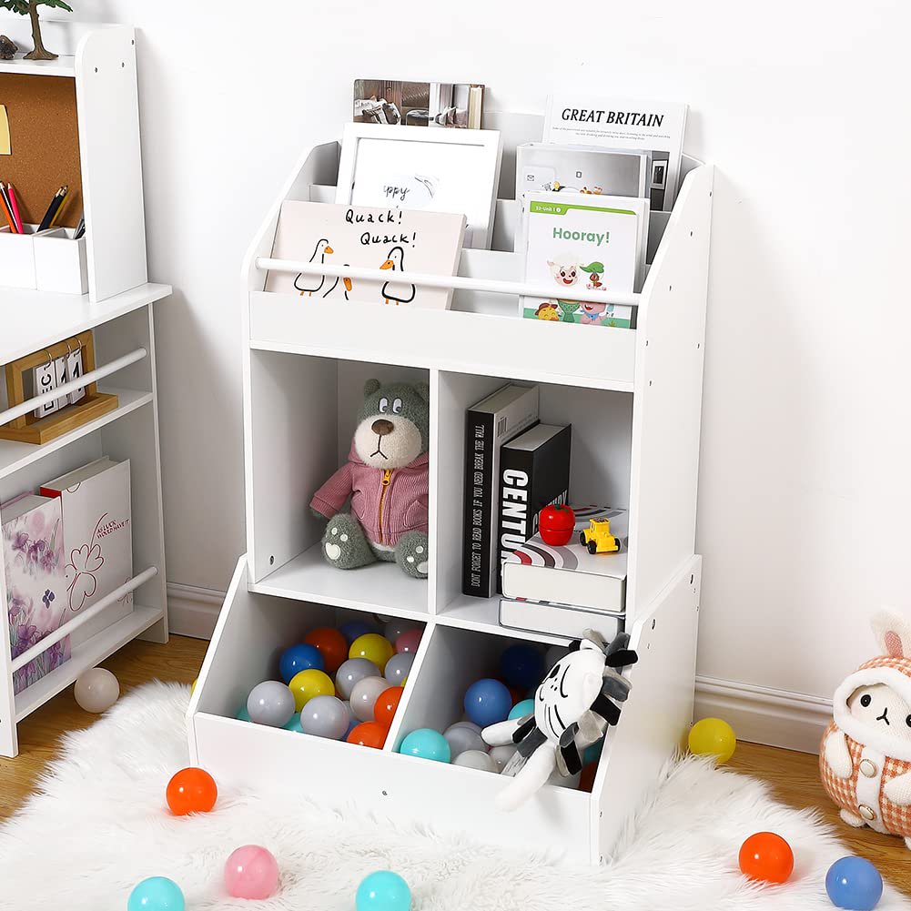Modern White Kids Bookcase with Front Book Display, Open Storage Cubes and Deep Toy Organizer Bins – Wooden Children’s Bookshelf for Bedroom and Playroom