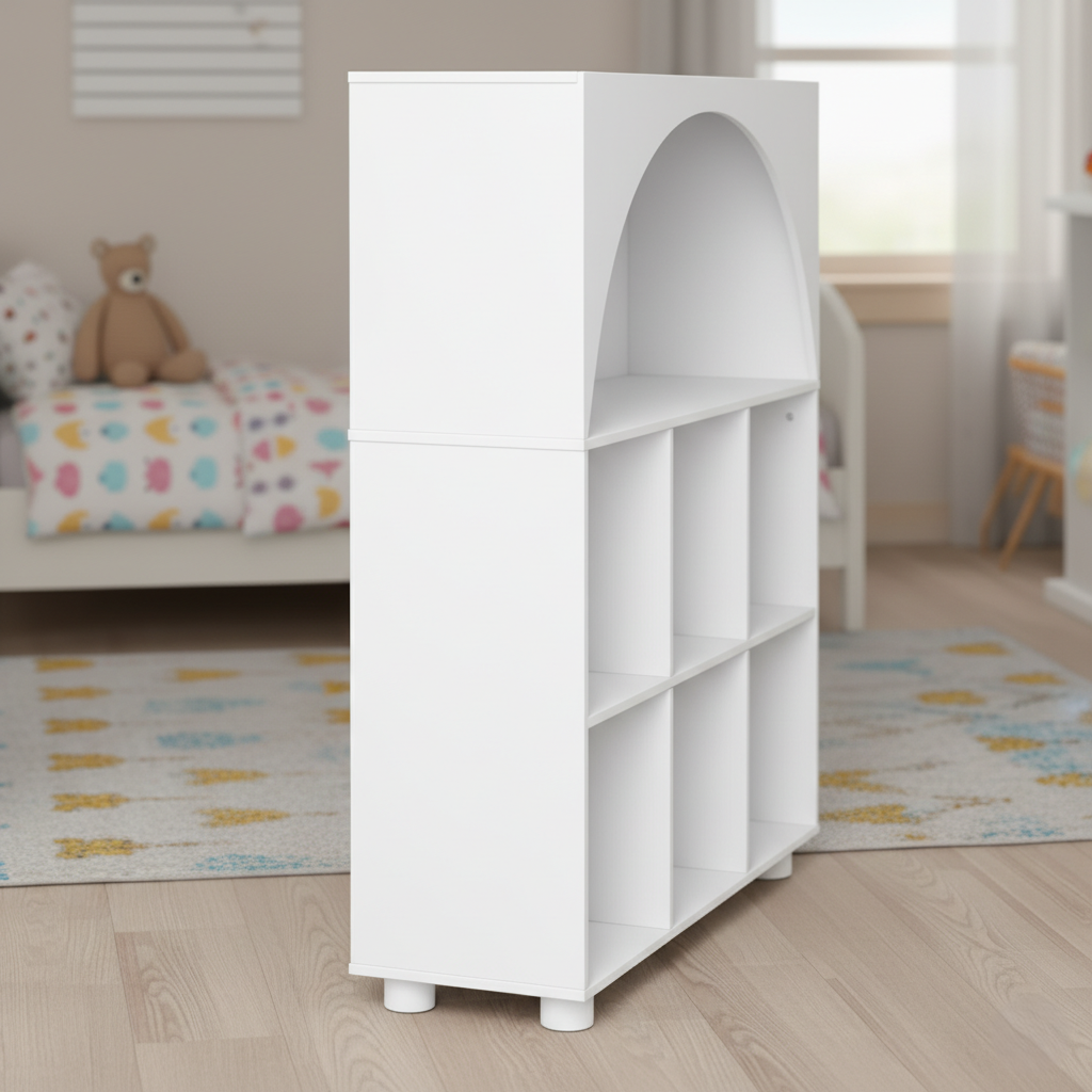 Modern Kids Bookcase with Arch Open Shelf, 6 Storage Cubes and Fabric Organizer Bins – Wooden Children’s Bookshelf Unit for Bedroom, Study Room and Playroom