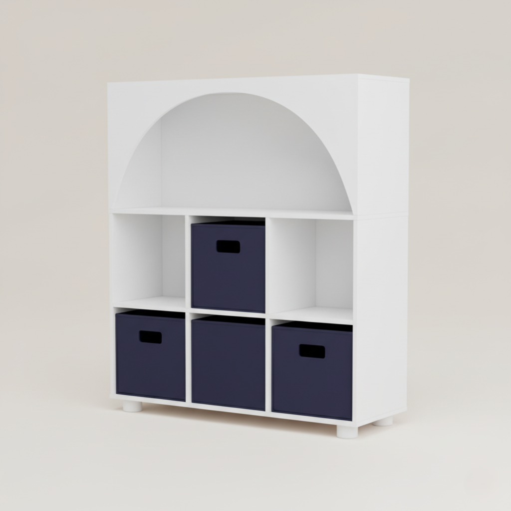 Modern Kids Bookcase with Arch Open Shelf, 6 Storage Cubes and Fabric Organizer Bins – Wooden Children’s Bookshelf Unit for Bedroom, Study Room and Playroom