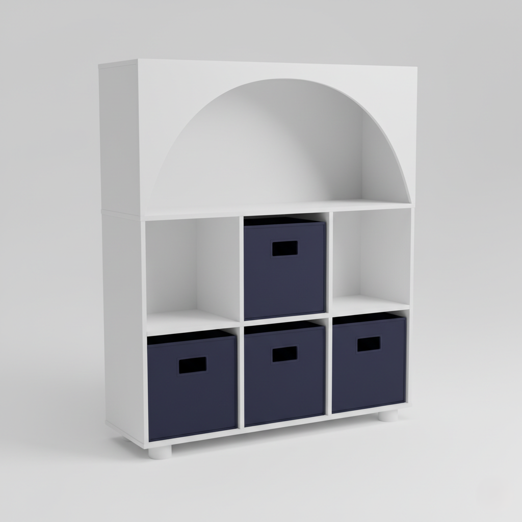 Modern Kids Bookcase with Arch Open Shelf, 6 Storage Cubes and Fabric Organizer Bins – Wooden Children’s Bookshelf Unit for Bedroom, Study Room and Playroom