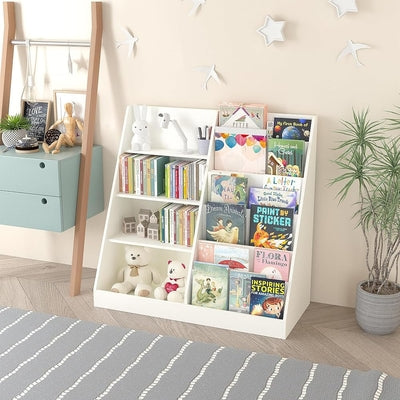 Modern Kids Bookcase with Front-Facing Book Display, Open Shelves and Bottom Storage Compartment – Wooden Children’s Bookshelf Organizer for Bedroom and Playroom