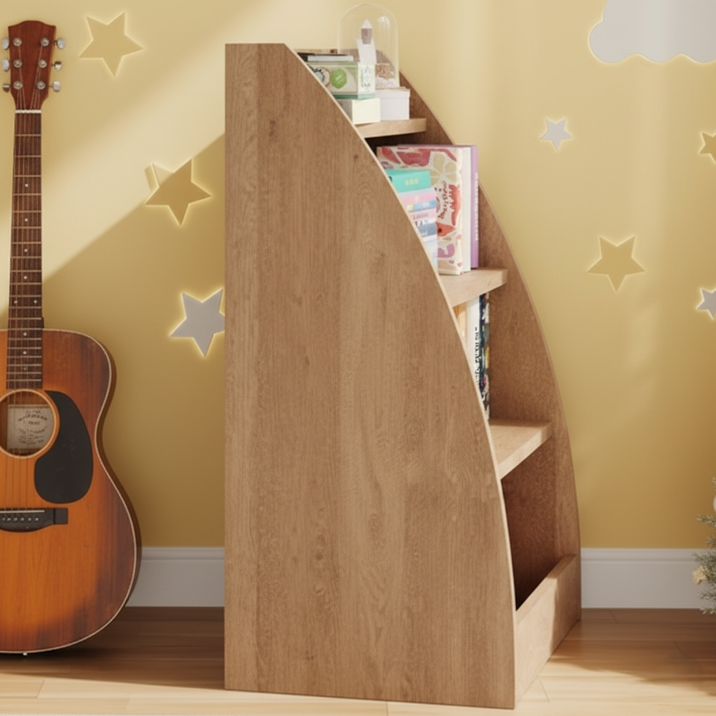 Kids Wooden Open Bookcase with Slanted Side Panels - Natural Finish Children’s Storage Shelf for Books, Toys and Study Essentials