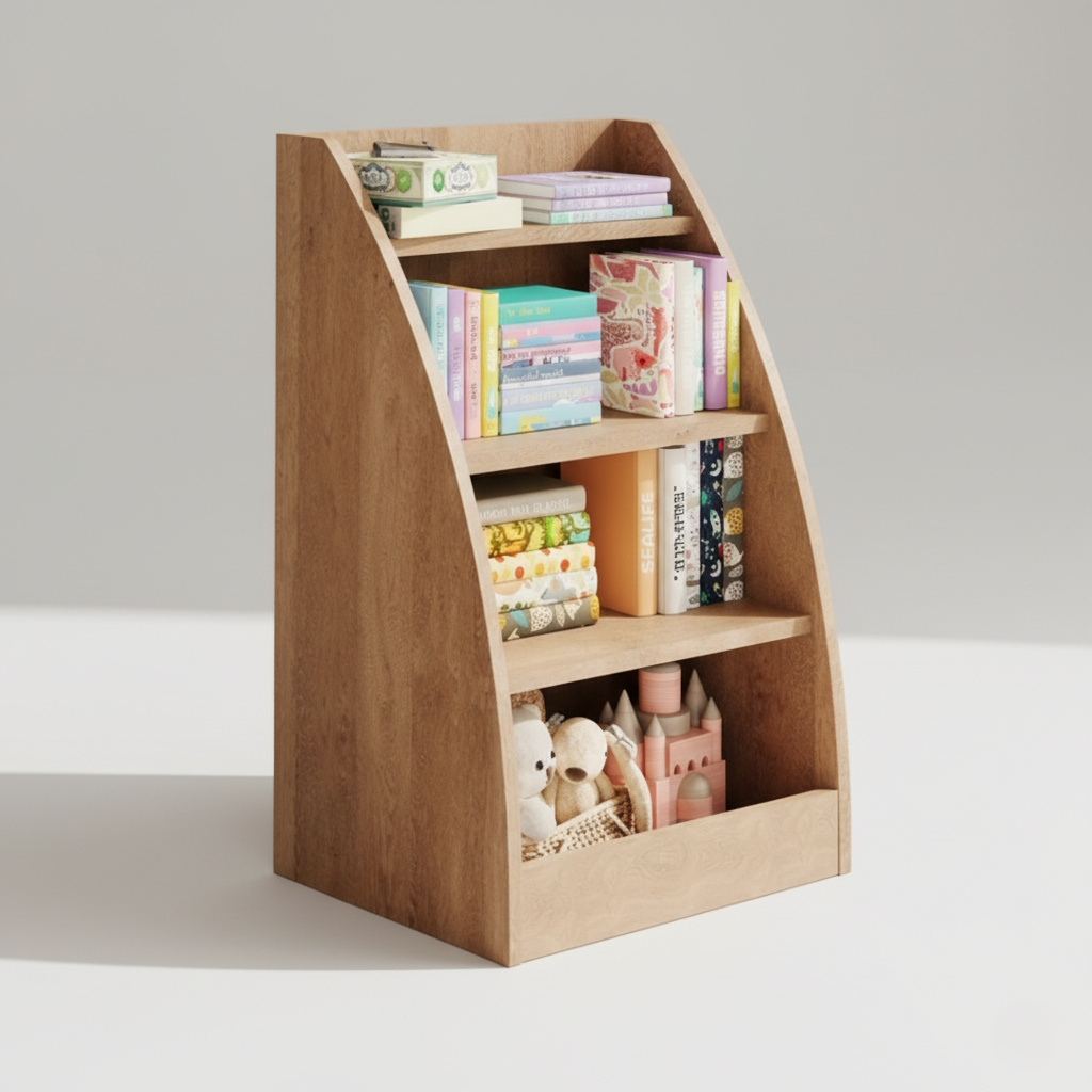 Kids Wooden Open Bookcase with Slanted Side Panels - Natural Finish Children’s Storage Shelf for Books, Toys and Study Essentials