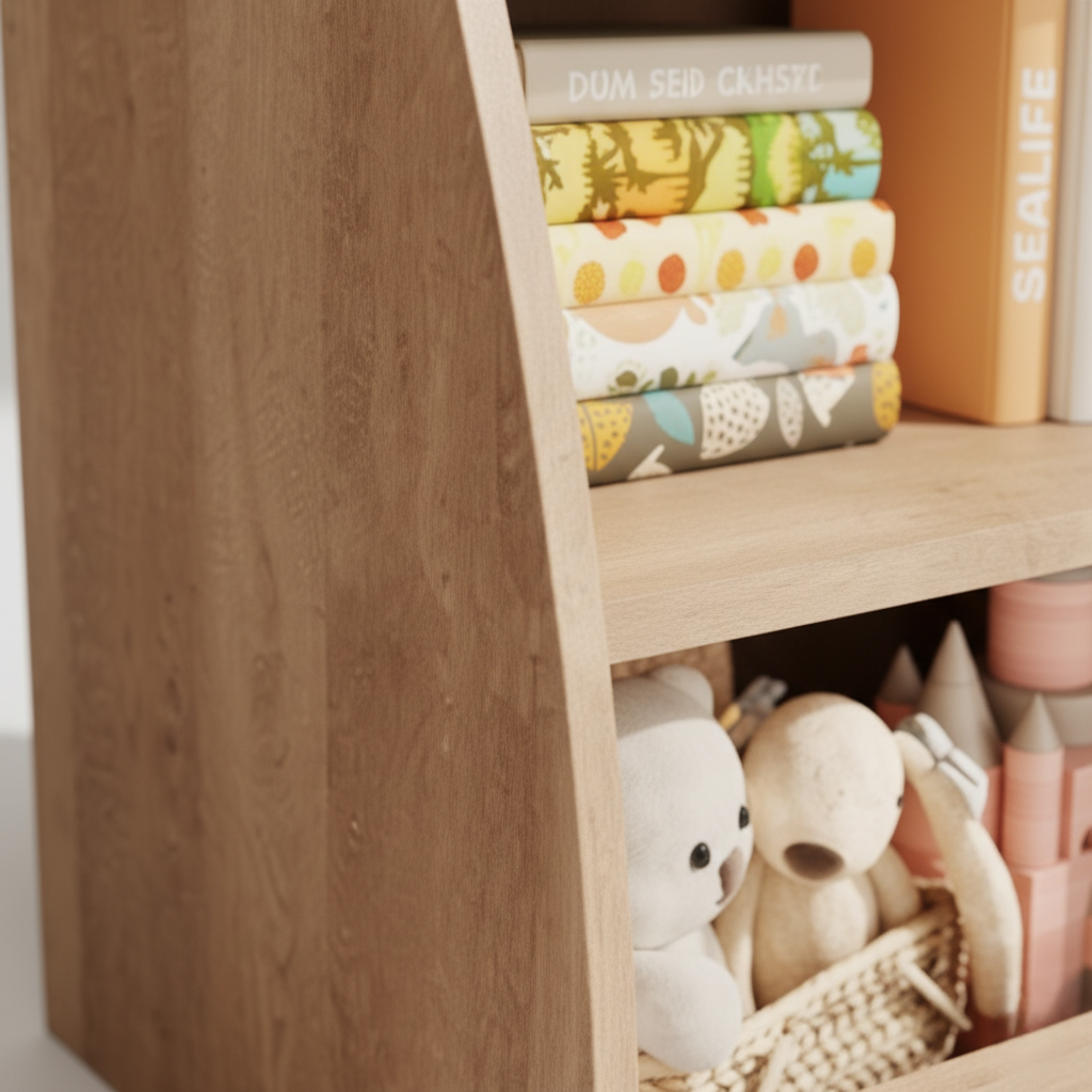 Kids Wooden Open Bookcase with Slanted Side Panels - Natural Finish Children’s Storage Shelf for Books, Toys and Study Essentials