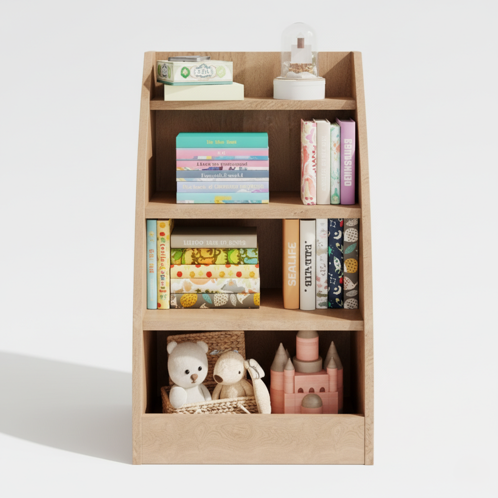 Kids Wooden Open Bookcase with Slanted Side Panels - Natural Finish Children’s Storage Shelf for Books, Toys and Study Essentials