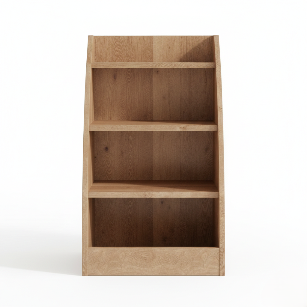 Kids Wooden Open Bookcase with Slanted Side Panels - Natural Finish Children’s Storage Shelf for Books, Toys and Study Essentials