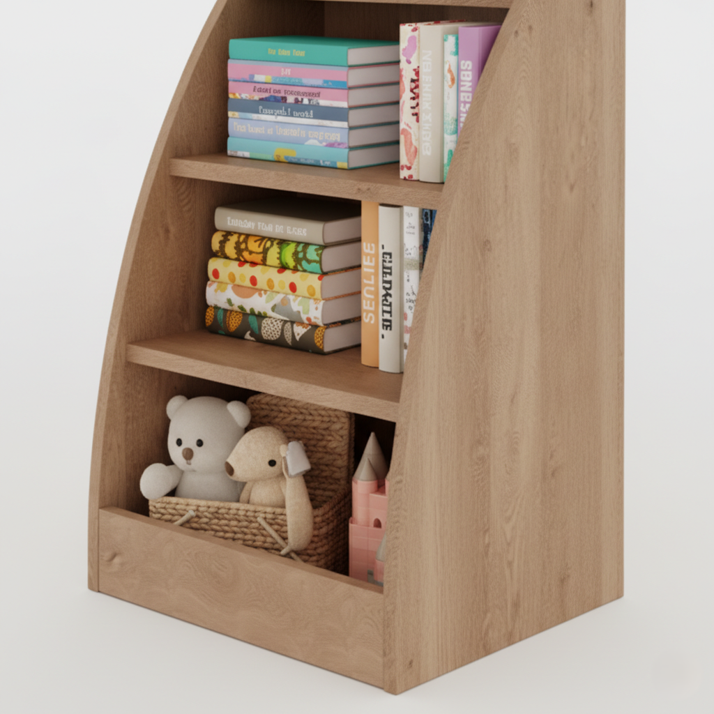 Kids Wooden Open Bookcase with Slanted Side Panels - Natural Finish Children’s Storage Shelf for Books, Toys and Study Essentials