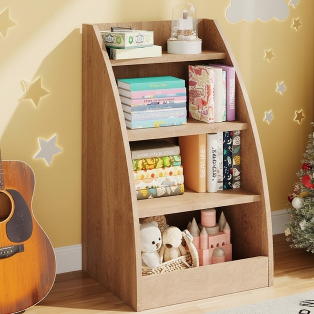 Kids Wooden Open Bookcase with Slanted Side Panels - Natural Finish Children’s Storage Shelf for Books, Toys and Study Essentials