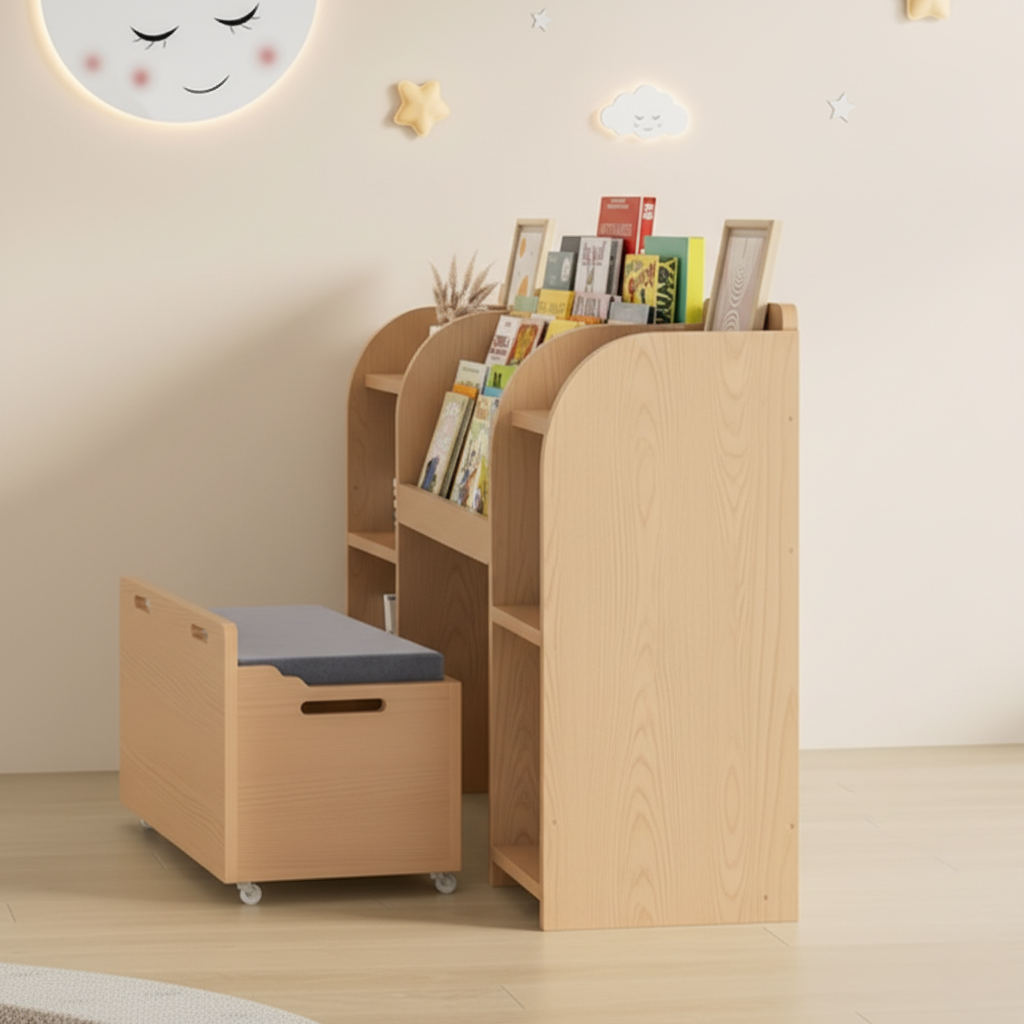Kids Wooden Bookcase with Front-Facing Book Display and Side Storage Shelves - Children’s Toy Organizer and Study Room Storage Unit