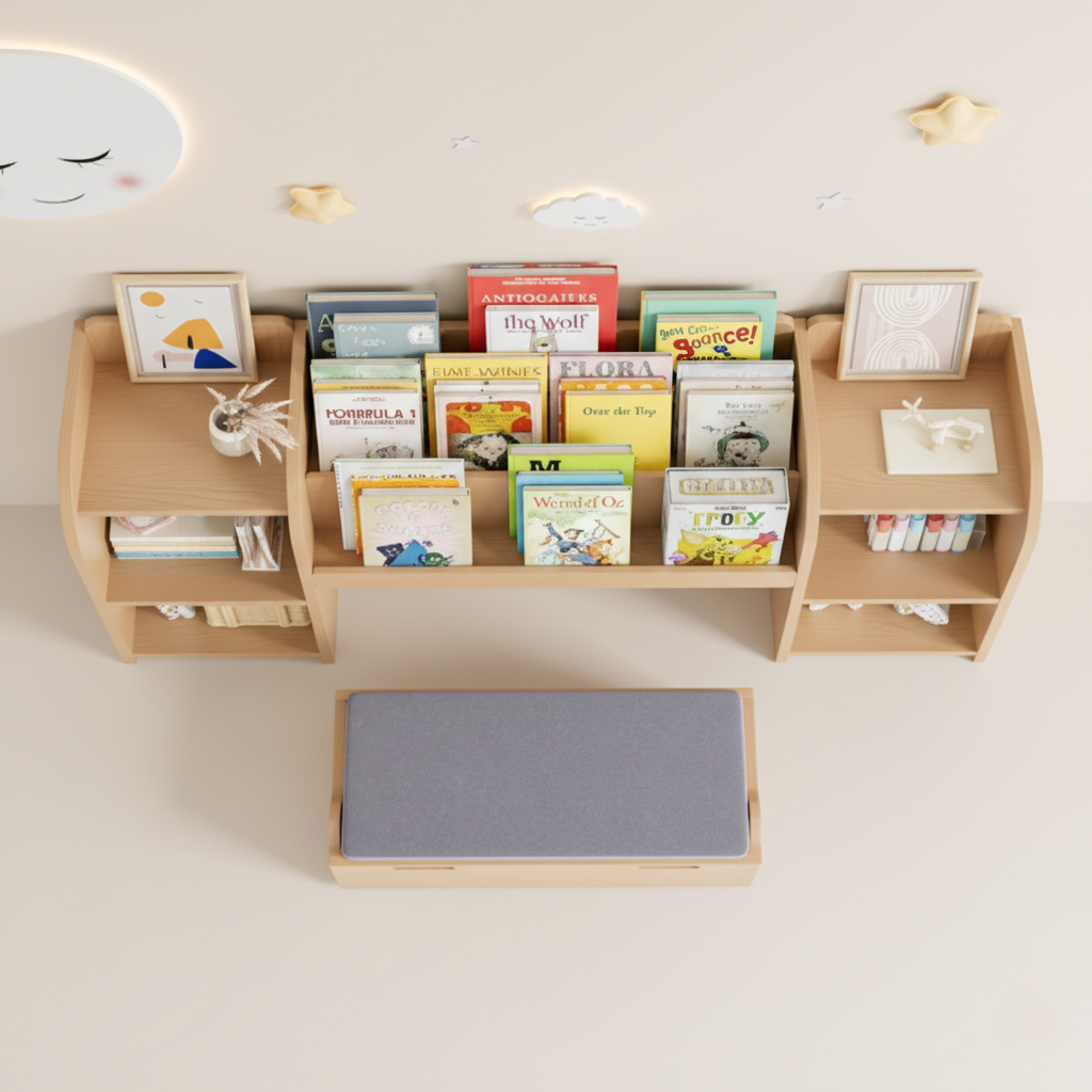 Kids Wooden Bookcase with Front-Facing Book Display and Side Storage Shelves - Children’s Toy Organizer and Study Room Storage Unit