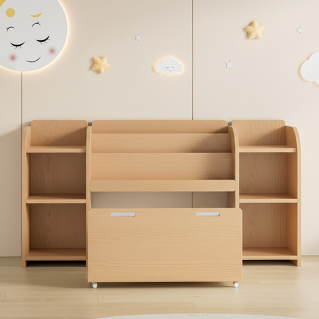Kids Wooden Bookcase with Front-Facing Book Display and Side Storage Shelves - Children’s Toy Organizer and Study Room Storage Unit