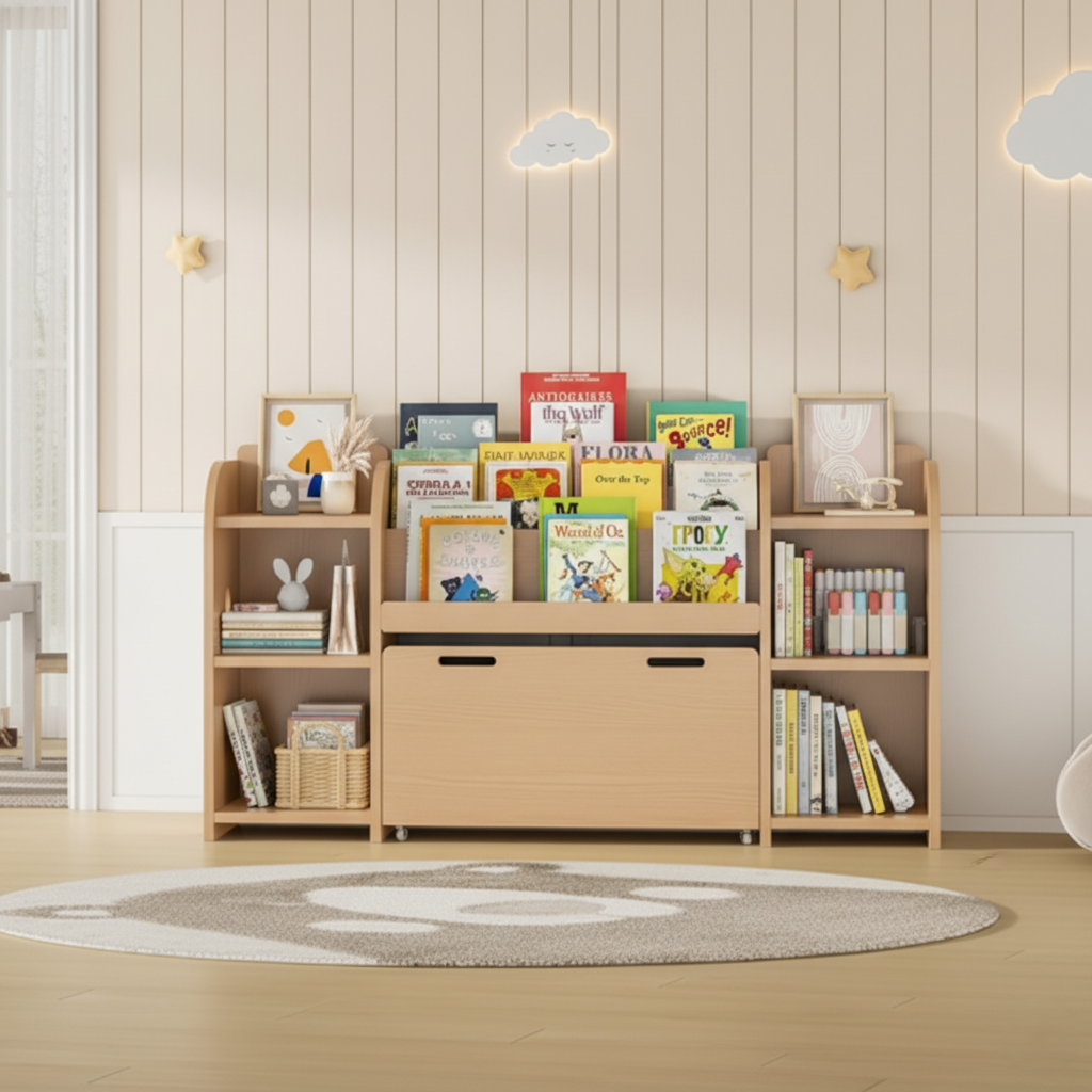 Kids Wooden Bookcase with Front-Facing Book Display and Side Storage Shelves - Children’s Toy Organizer and Study Room Storage Unit