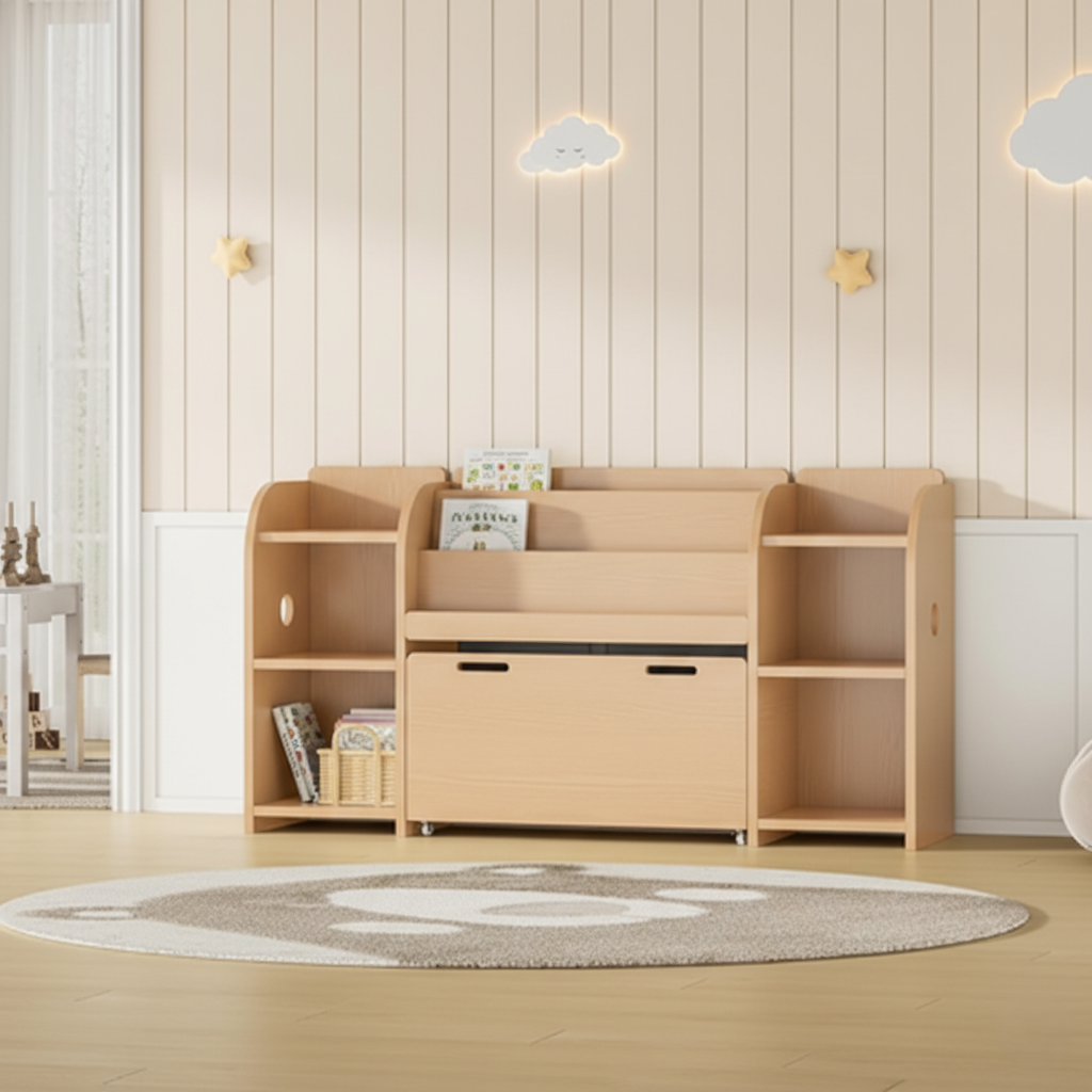 Kids Wooden Bookcase with Front-Facing Book Display and Side Storage Shelves - Children’s Toy Organizer and Study Room Storage Unit