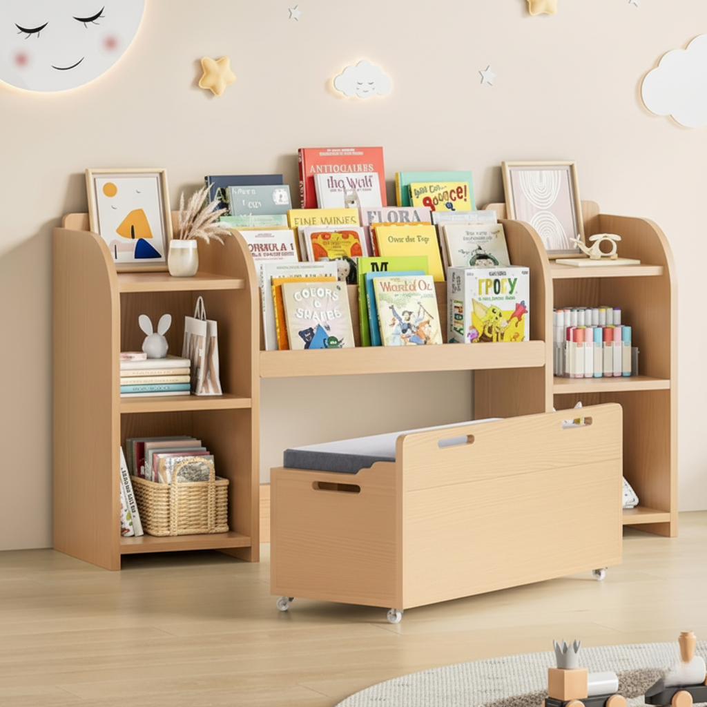 Kids Wooden Bookcase with Front-Facing Book Display and Side Storage Shelves - Children’s Toy Organizer and Study Room Storage Unit