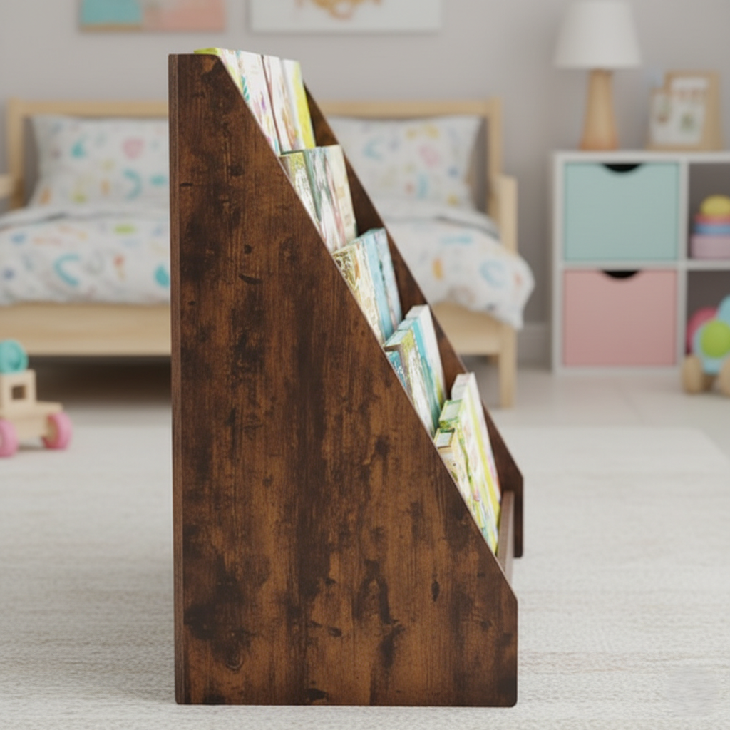 Kids Wooden Display Bookcase Rack with Multi-Tier Front Facing Shelves – Solid Wood Children’s Book Organizer for Bedroom, Playroom and Nursery – Walnut Brown Finish