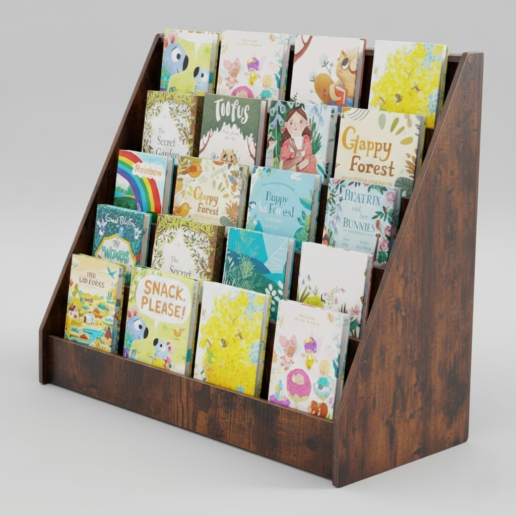 Kids Wooden Display Bookcase Rack with Multi-Tier Front Facing Shelves – Solid Wood Children’s Book Organizer for Bedroom, Playroom and Nursery – Walnut Brown Finish