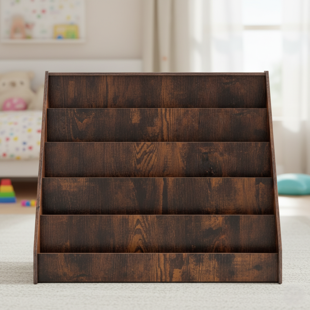 Kids Wooden Display Bookcase Rack with Multi-Tier Front Facing Shelves – Solid Wood Children’s Book Organizer for Bedroom, Playroom and Nursery – Walnut Brown Finish