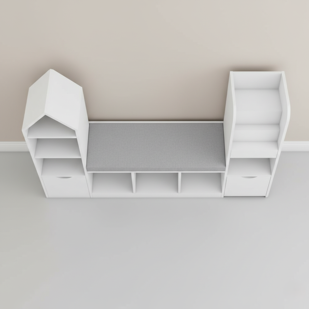 Kids Wooden Bookcase with Bench Seating and Open Storage Cubbies – Children’s Multi-Storage Bookshelf with House Shaped Shelf and Front Display Rack for Bedroom