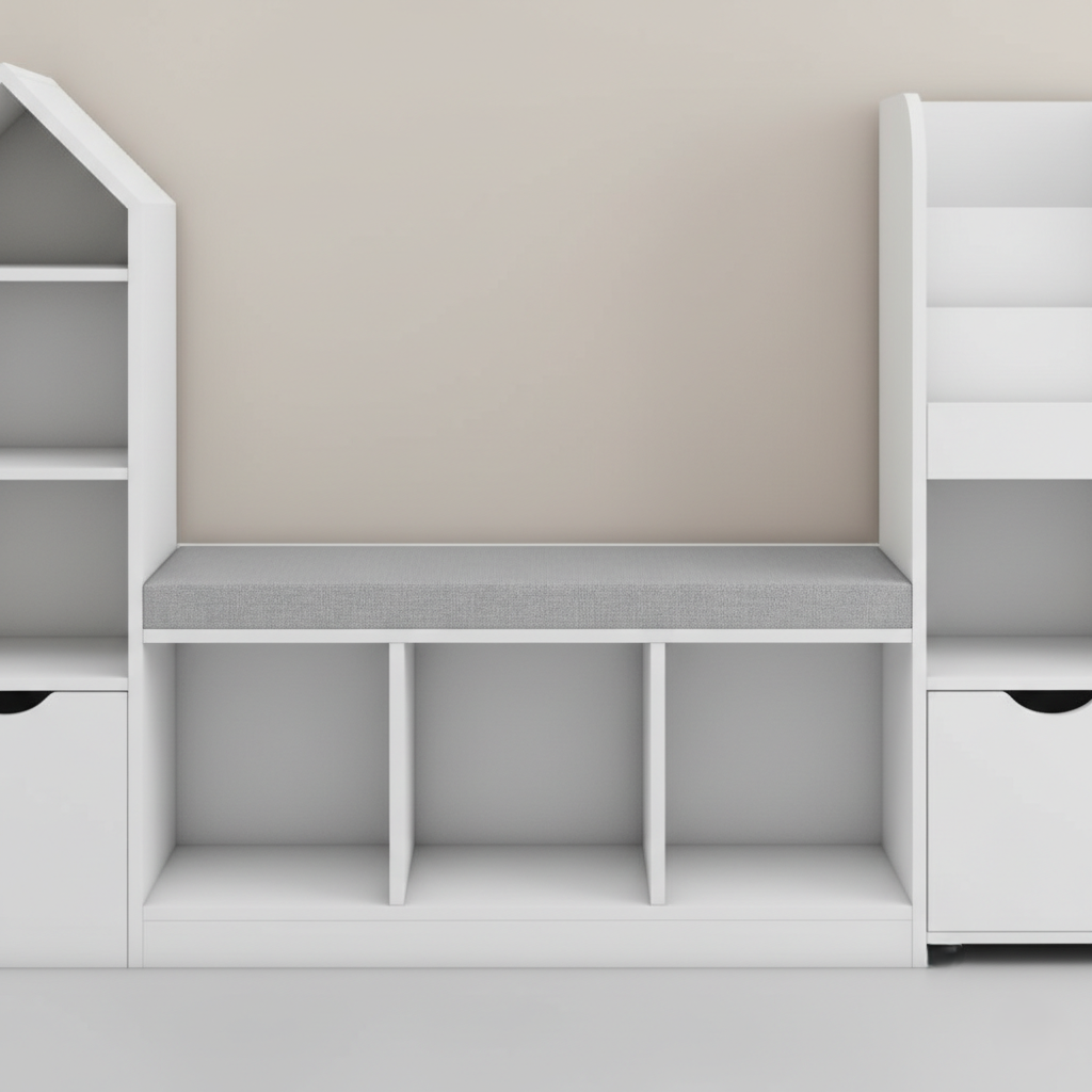 Kids Wooden Bookcase with Bench Seating and Open Storage Cubbies – Children’s Multi-Storage Bookshelf with House Shaped Shelf and Front Display Rack for Bedroom