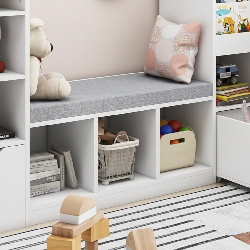 Kids Wooden Bookcase with Bench Seating and Open Storage Cubbies – Children’s Multi-Storage Bookshelf with House Shaped Shelf and Front Display Rack for Bedroom
