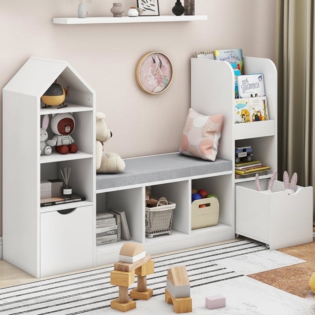 Kids Wooden Bookcase with Bench Seating and Open Storage Cubbies – Children’s Multi-Storage Bookshelf with House Shaped Shelf and Front Display Rack for Bedroom