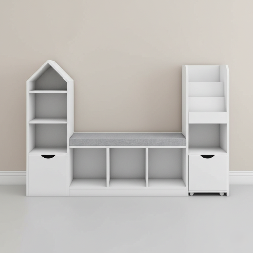 Kids Wooden Bookcase with Bench Seating and Open Storage Cubbies – Children’s Multi-Storage Bookshelf with House Shaped Shelf and Front Display Rack for Bedroom