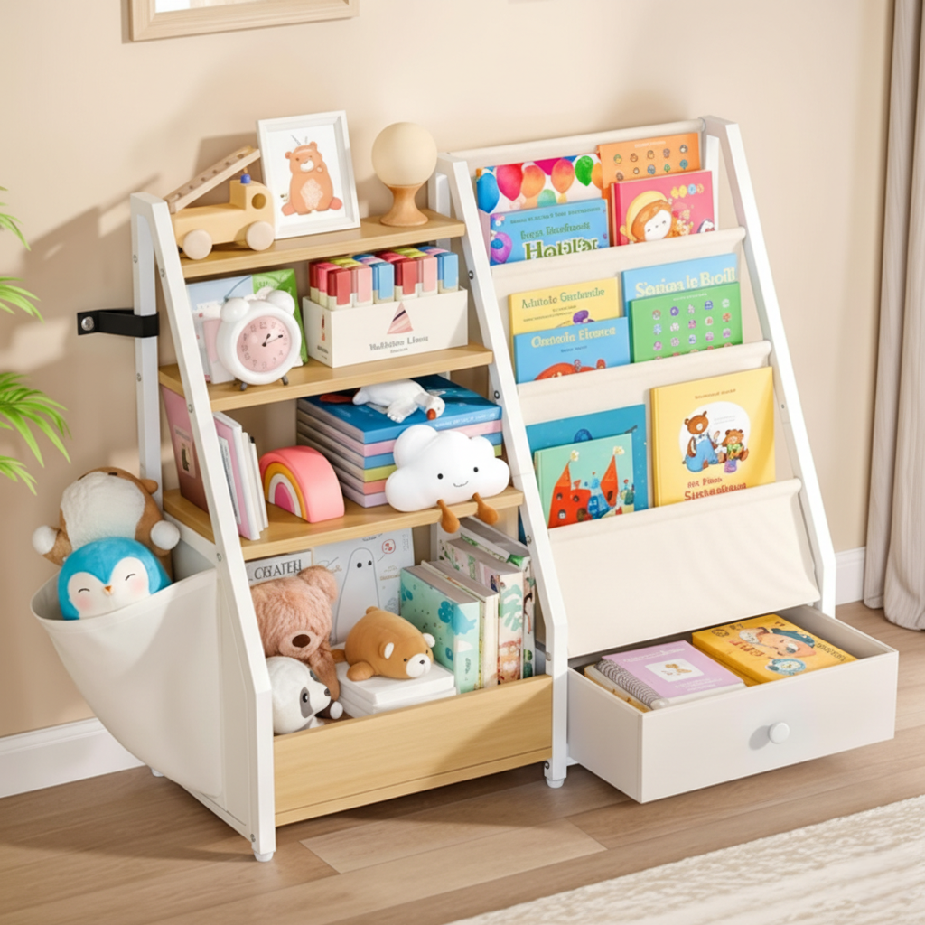Modern Kids Wooden Bookcase with Open Shelves, Fabric Sling Organizer and Bottom Drawer Storage – Space Saving Nursery and Playroom Bookshelf Unit