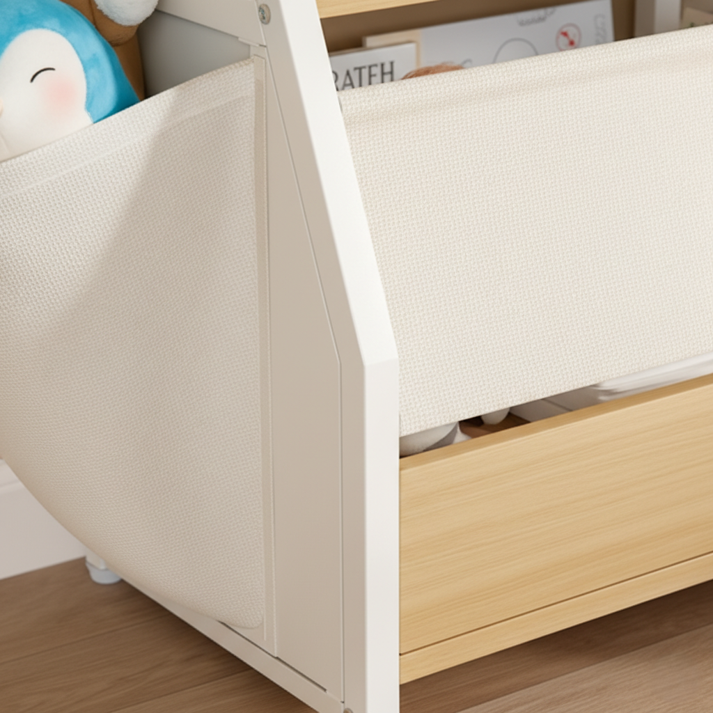 Modern Kids Wooden Bookcase with Open Shelves, Fabric Sling Organizer and Bottom Drawer Storage – Space Saving Nursery and Playroom Bookshelf Unit