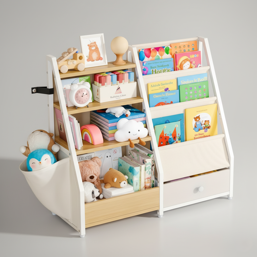 Modern Kids Wooden Bookcase with Open Shelves, Fabric Sling Organizer and Bottom Drawer Storage – Space Saving Nursery and Playroom Bookshelf Unit