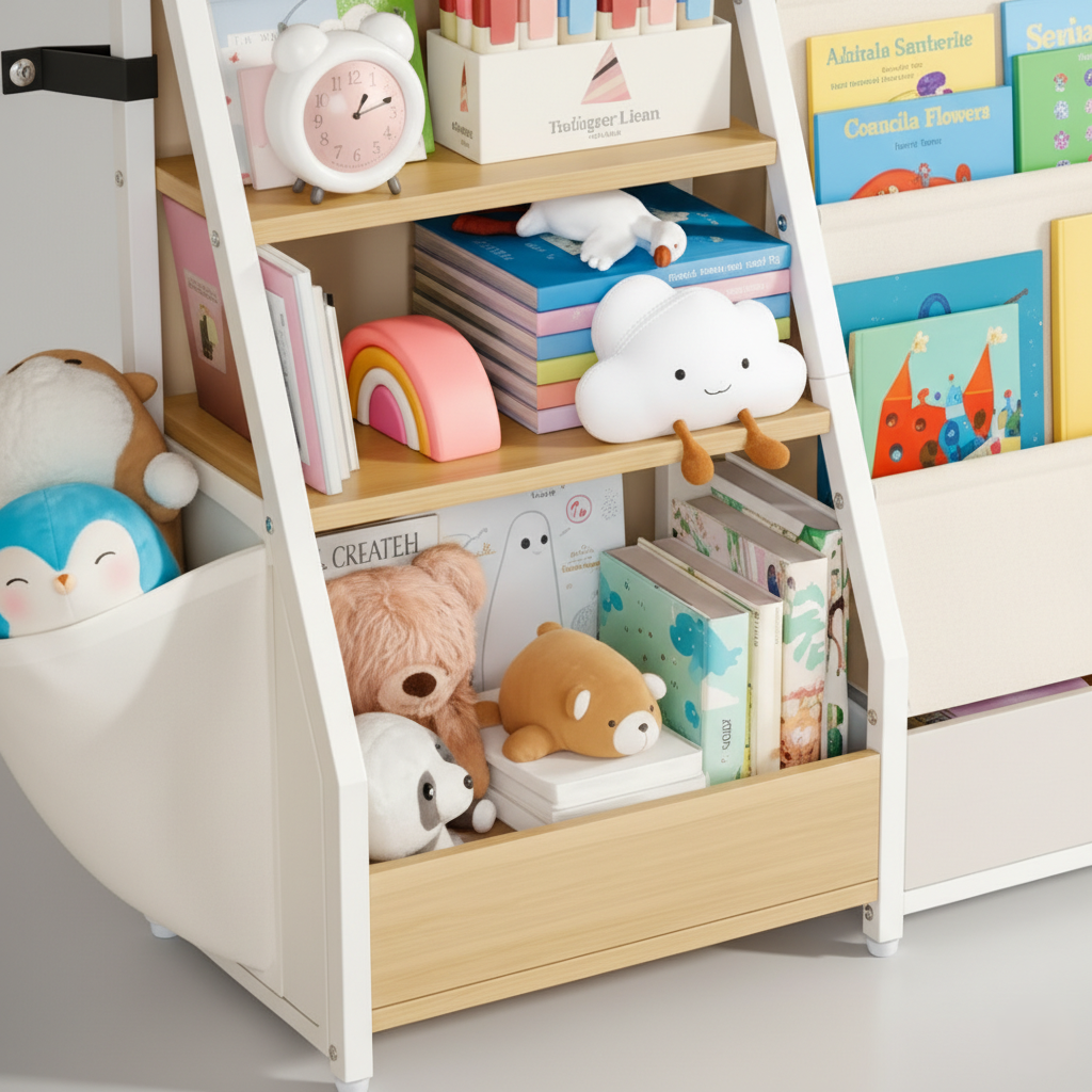 Modern Kids Wooden Bookcase with Open Shelves, Fabric Sling Organizer and Bottom Drawer Storage – Space Saving Nursery and Playroom Bookshelf Unit
