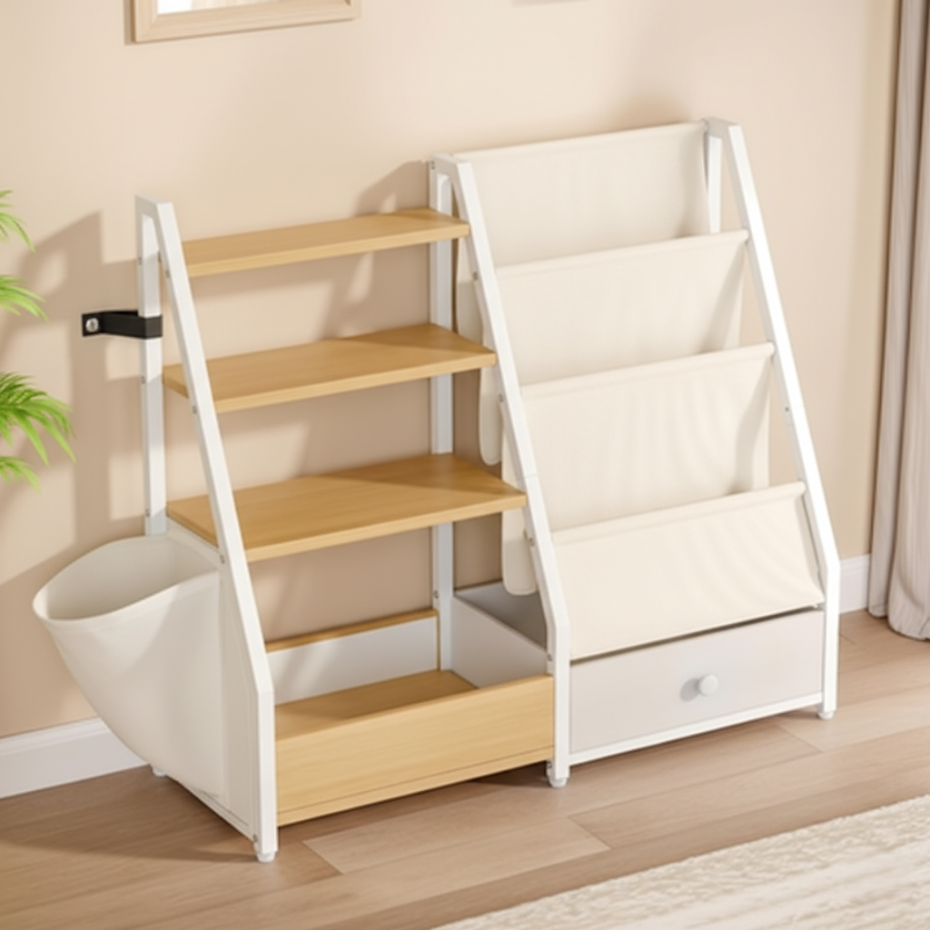 Modern Kids Wooden Bookcase with Open Shelves, Fabric Sling Organizer and Bottom Drawer Storage – Space Saving Nursery and Playroom Bookshelf Unit