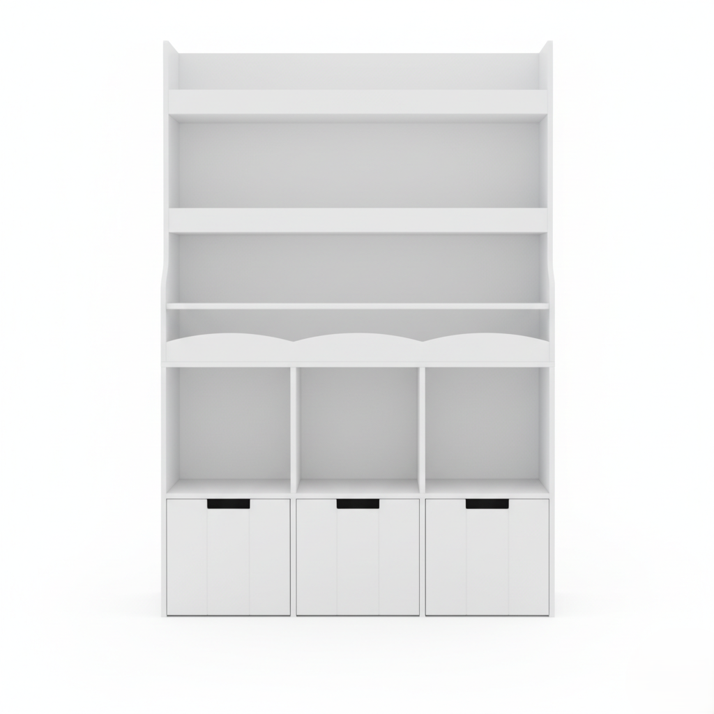 Modern Kids White Wooden Bookcase with Open Display Shelves and Bottom Storage Cubes – Nursery, Playroom and Bedroom Organizer Unit