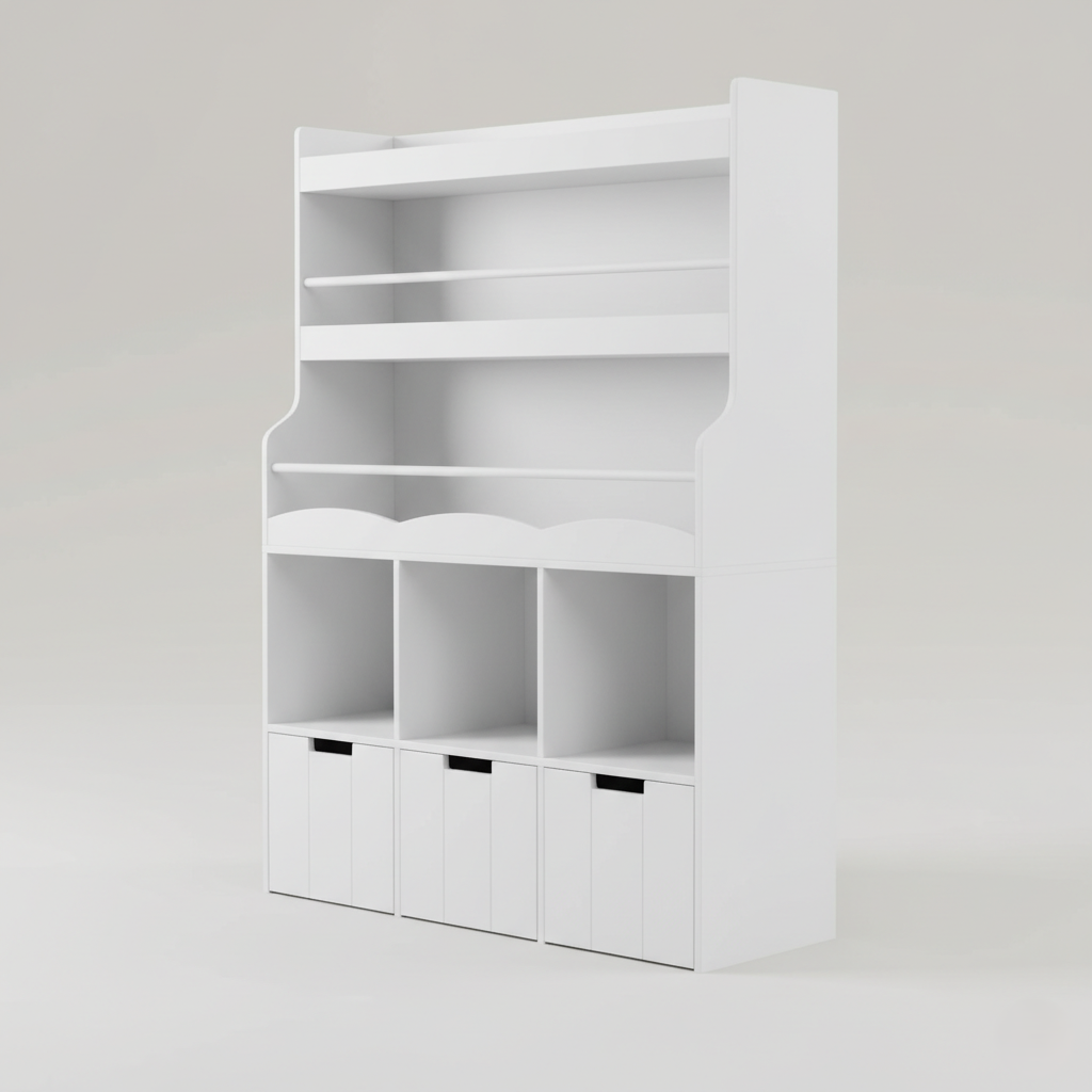 Modern Kids White Wooden Bookcase with Open Display Shelves and Bottom Storage Cubes – Nursery, Playroom and Bedroom Organizer Unit