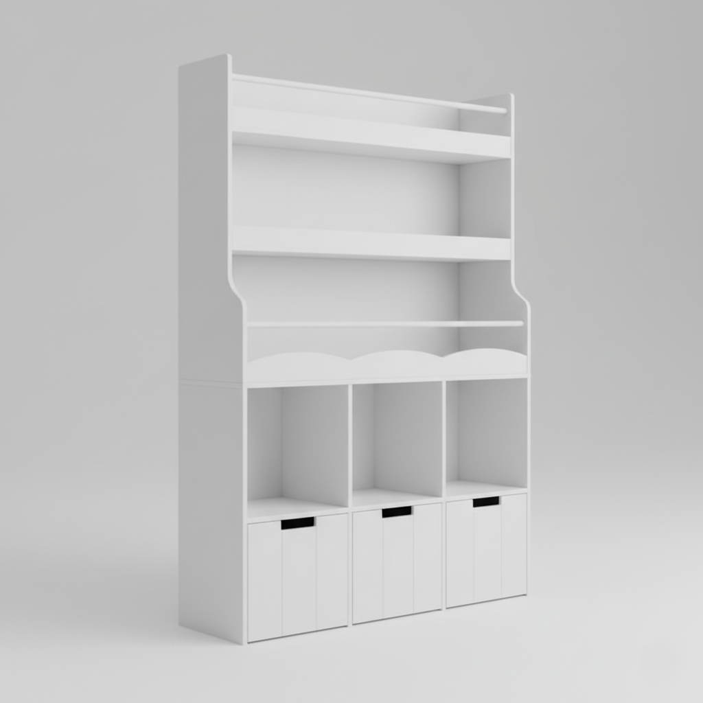 Modern Kids White Wooden Bookcase with Open Display Shelves and Bottom Storage Cubes – Nursery, Playroom and Bedroom Organizer Unit