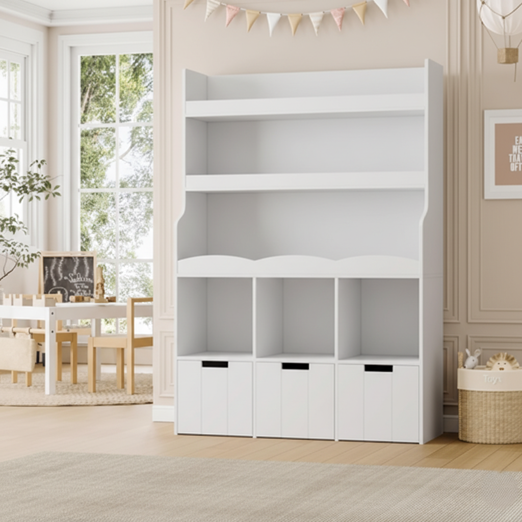 Modern Kids White Wooden Bookcase with Open Display Shelves and Bottom Storage Cubes – Nursery, Playroom and Bedroom Organizer Unit