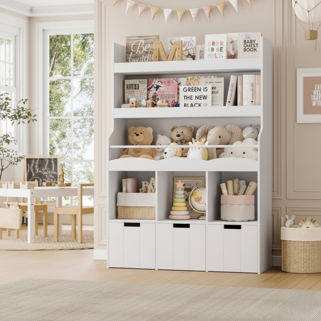 Modern Kids White Wooden Bookcase with Open Display Shelves and Bottom Storage Cubes – Nursery, Playroom and Bedroom Organizer Unit