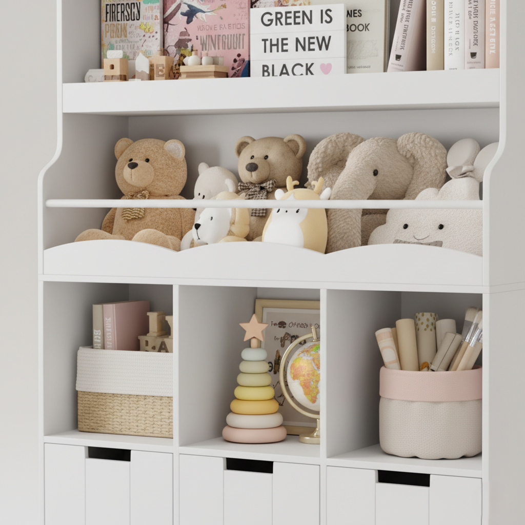 Modern Kids White Wooden Bookcase with Open Display Shelves and Bottom Storage Cubes – Nursery, Playroom and Bedroom Organizer Unit