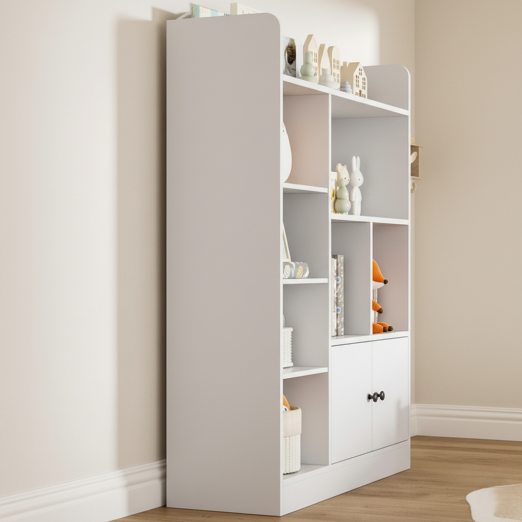 Modern Kids White Wooden Bookcase with Multiple Open Shelves and Lower Storage Cabinet – Nursery, Bedroom and Playroom Bookshelf Organizer Unit