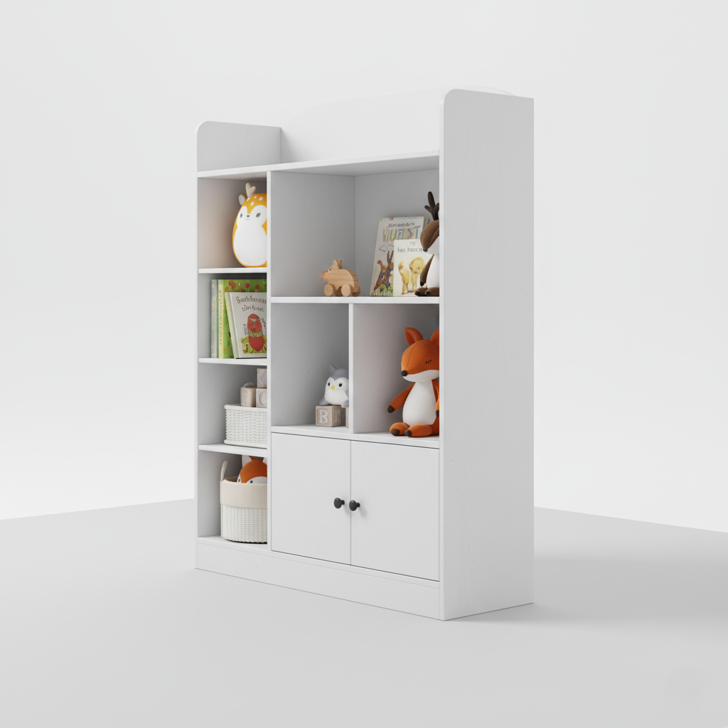 Modern Kids White Wooden Bookcase with Multiple Open Shelves and Lower Storage Cabinet – Nursery, Bedroom and Playroom Bookshelf Organizer Unit
