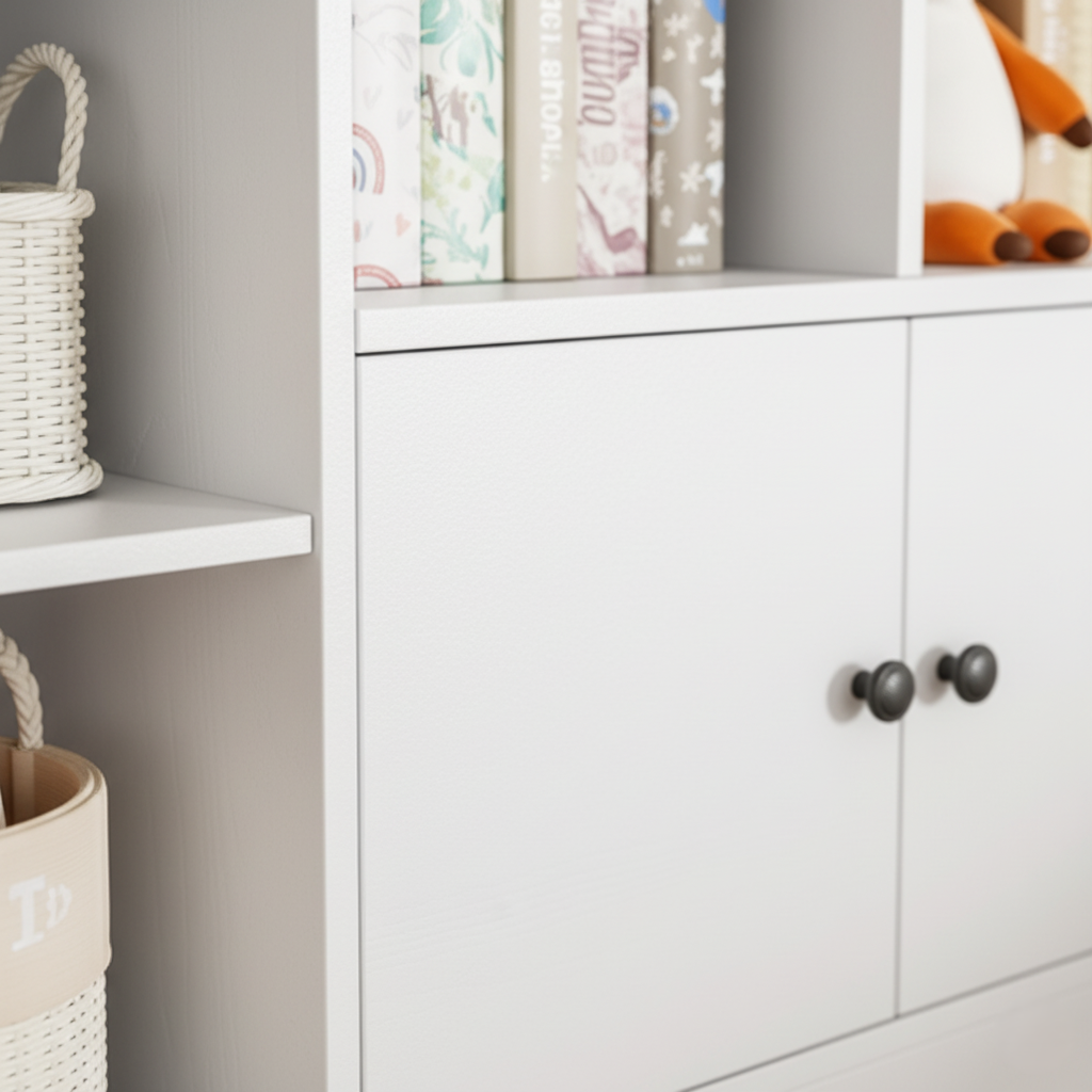 Modern Kids White Wooden Bookcase with Multiple Open Shelves and Lower Storage Cabinet – Nursery, Bedroom and Playroom Bookshelf Organizer Unit