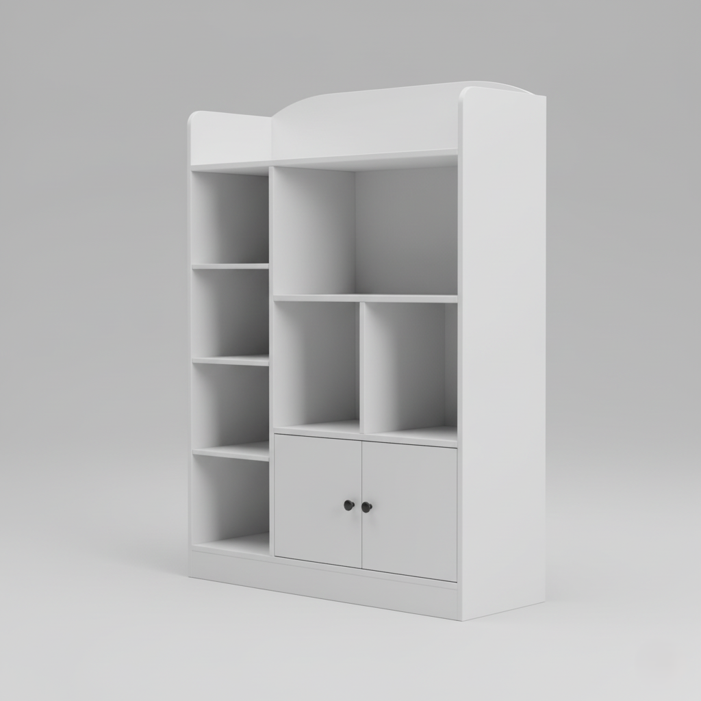 Modern Kids White Wooden Bookcase with Multiple Open Shelves and Lower Storage Cabinet – Nursery, Bedroom and Playroom Bookshelf Organizer Unit