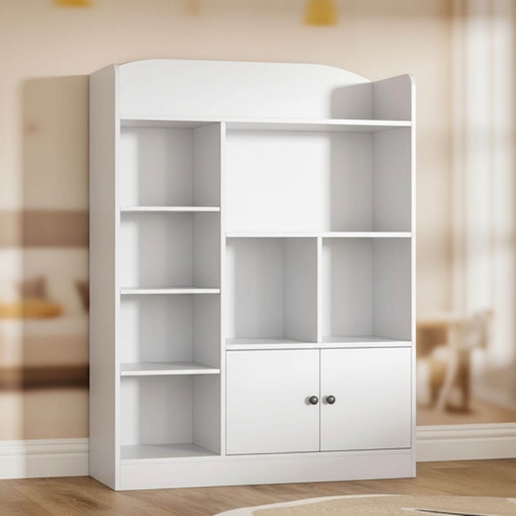 Modern Kids White Wooden Bookcase with Multiple Open Shelves and Lower Storage Cabinet – Nursery, Bedroom and Playroom Bookshelf Organizer Unit